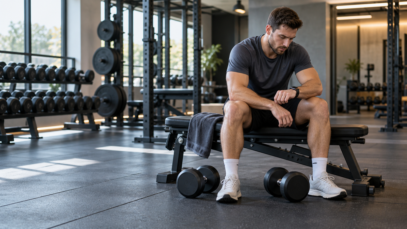 Gym athlete using a timer to track rest between exercise sets