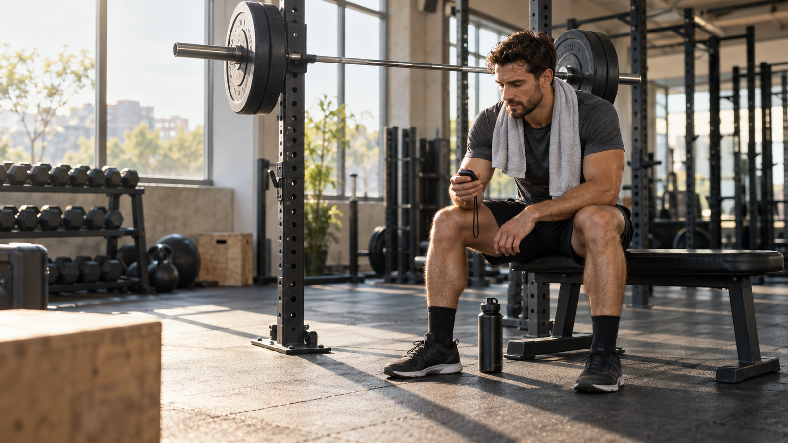 Athlete resting between strength-training sets in a modern gym