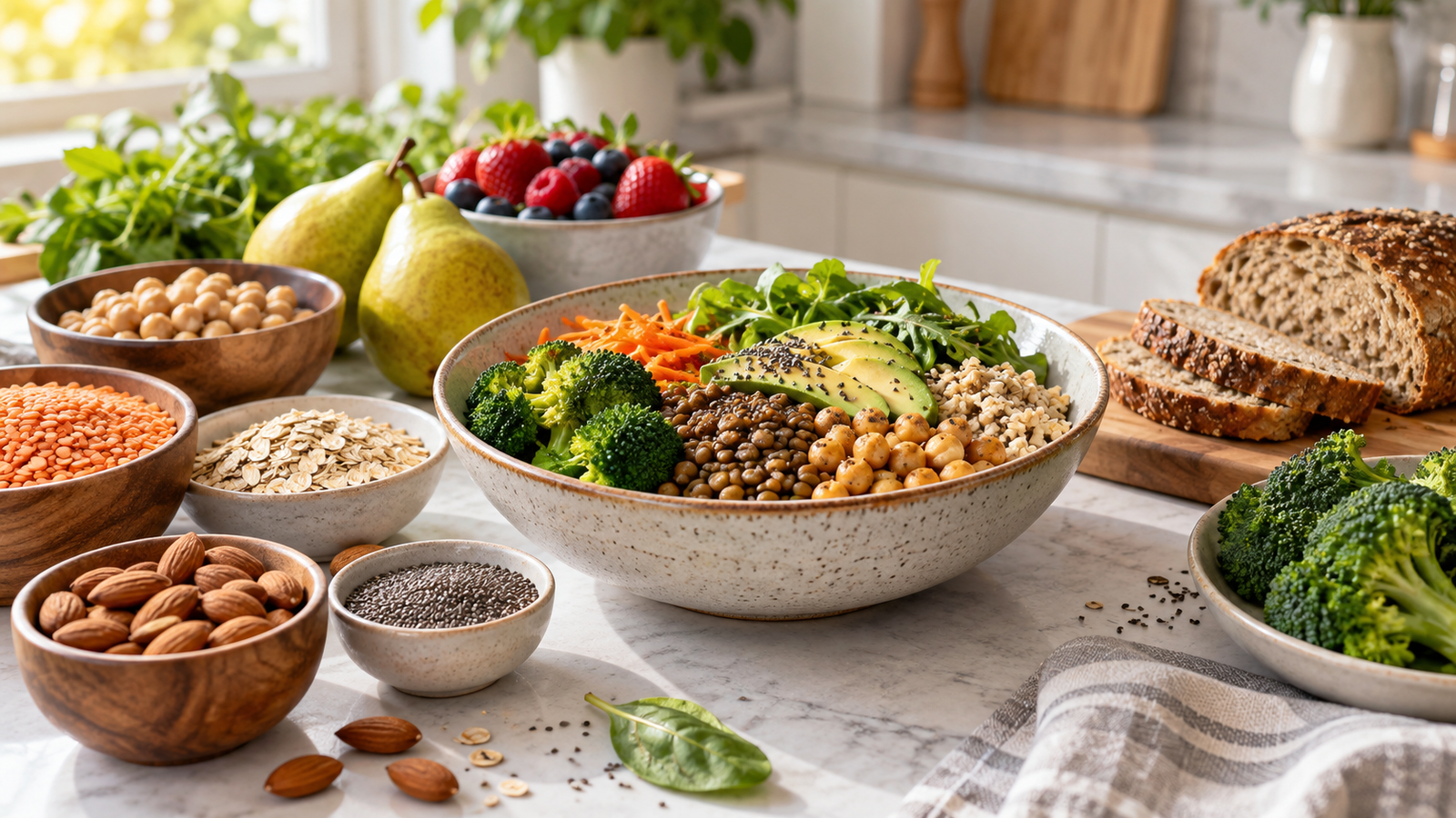 Colorful high-fiber foods including lentils, chickpeas, oats, berries, pears, broccoli, whole-grain bread and almonds