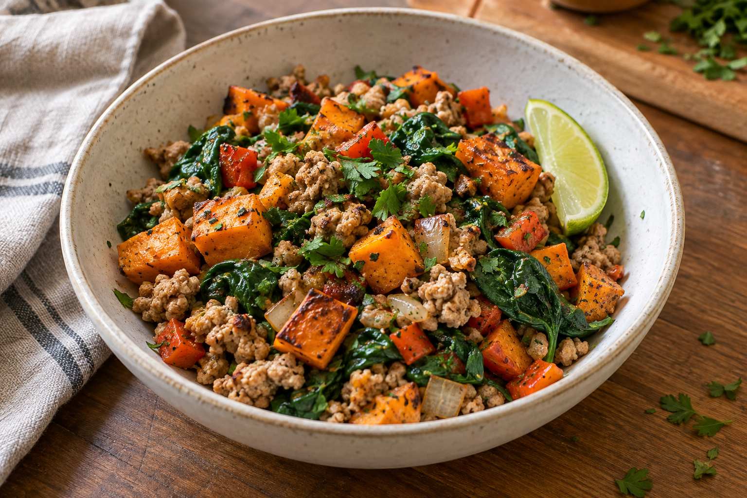 Turkey Sweet Potato and Spinach Skillet